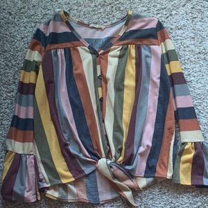 Retro Multi Colored Tie Blouse with Ruffle Sleeves